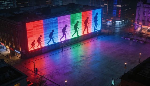 Urban Plaza Displaying Multicolored LED Evolution Silhouettes with Neon Reflections