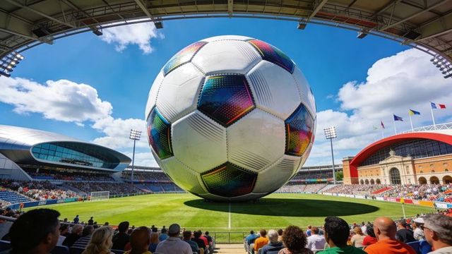 Giant soccer ball towering over packed stadium while fans cheer and film on phones