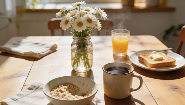 Sunlit breakfast with daisies, coffee, oatmeal and toast on wooden table