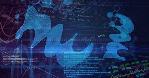 Futuristic finance dashboard with flowing blue 3D ribbon and market data visualization