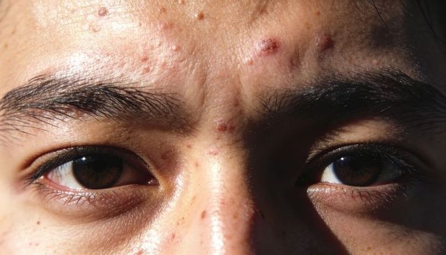 Male face showing acne and steady gaze under dramatic side lighting, high contrast portrait