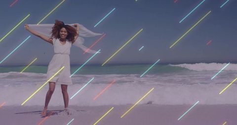 Carefree Woman Holding Scarf on a Sunny Beach Day