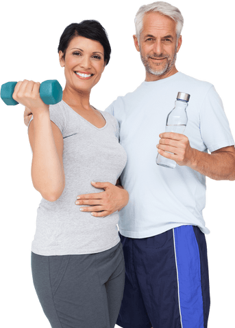 Happy middle-aged couple embracing fitness together transparent