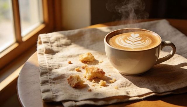 Steaming latte with leaf latte art on sunlit wooden table with linen napkin and crumbs