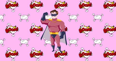 Confident Superhero Flexing Muscle on Vibrant Boom Background