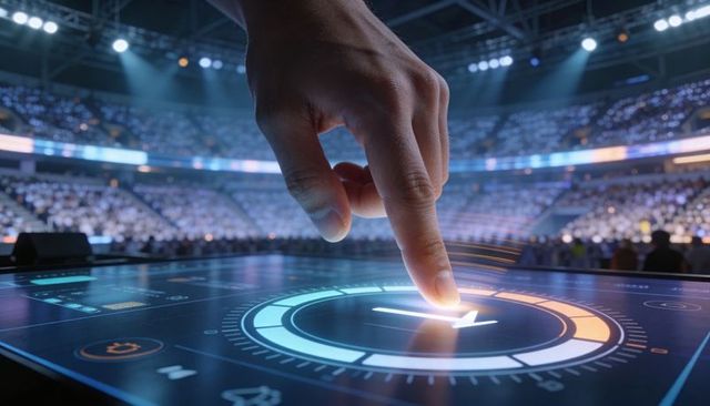 Finger pressing futuristic touchscreen hud on stage in packed arena, live interactive control