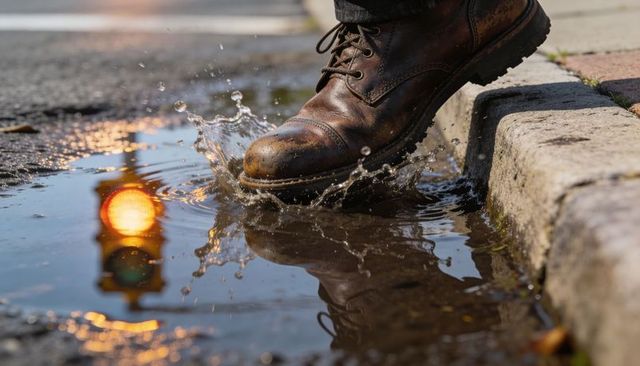 Brown leather boot splashing into puddle off curb reflecting traffic light amber glow