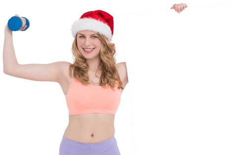 festive fit woman with santa hat holding dumbbell and poster transparent - Download Free Stock Videos Pikwizard.com