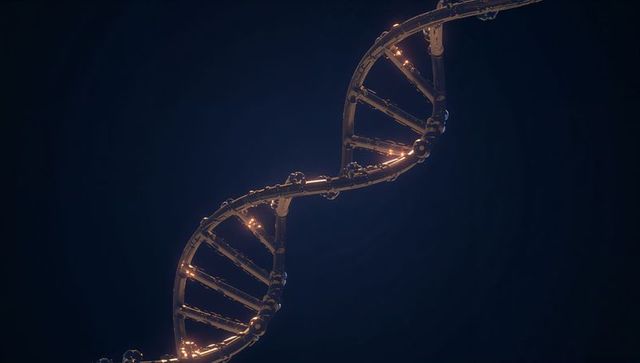 Glowing metallic dna double helix spiraling with amber nodes on dark backdrop