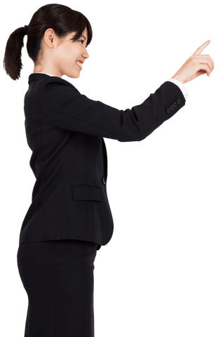 Smiling Asian Businesswoman in Suit Pointing on Transparent Background