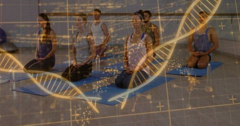 Group meditating with dna data overlay representing mind-body wellness and genomic health