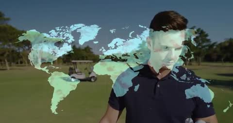 Golfer Analyzing Global Strategy on Fairway with Map Overlay