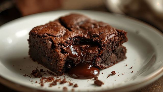 Gooey molten chocolate brownie oozing warm chocolate center on white plate