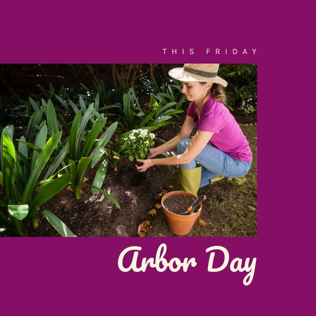 This image shows a woman proudly engaged in gardening. Perfect for marketing Arbor Day events, environmental campaigns, and promoting gardening as a healthy, enjoyable hobby. It can also be used in social media posts, blog articles, and e-cards focused on nature conservation, community exercises, and welcoming the spring season.