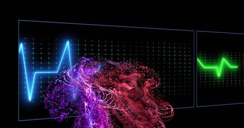 Futuristic neon ecg display with swirling purple-red particles