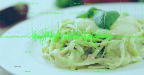 Fettuccine with creamy sauce and data overlay concept