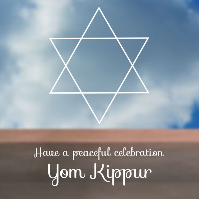 Composite of star of david and have a peaceful celebration yom kippur text against land and blue sky. Nature, copy space, judaism, forgiveness, fasting, tradition and religious celebration concept.