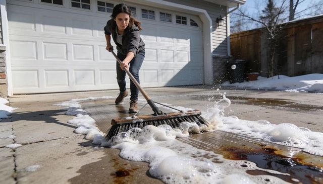 Homeowner scrubbing oil-stained driveway with soapy broom on winter afternoon