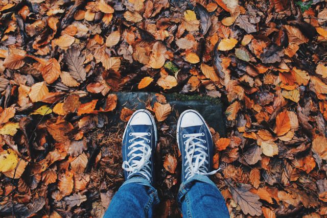 Appealing image depicting a person standing on dry autumn leaves, wearing blue sneakers and jeans. Useful for promotions related to autumn, casual fashion, outdoor activities, and seasonal concepts. Can be used in blog posts, social media campaigns, or articles about nature and seasonal beauty.