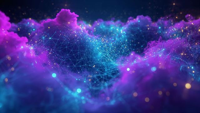 Futuristic Digital Mesh with Neon Network Connections and Cloudy Illumination