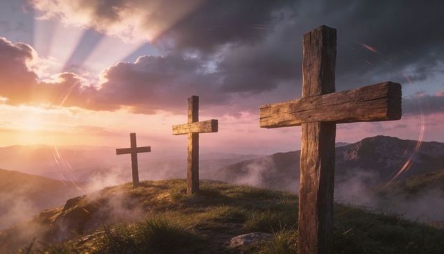 Three weathered wooden crosses on mountain ridge at sunrise with sunbeams and misty valleys