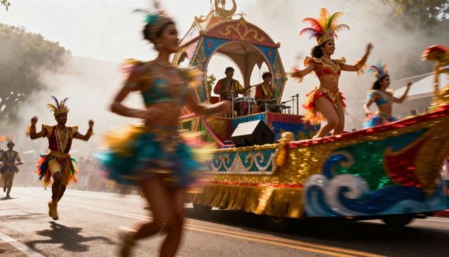 Vibrant carnival parade float with feathered headdresses, dancing performers, live drummers
