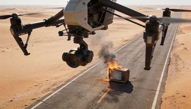 Hovering quadcopter capturing burning vintage tv on desert highway surveillance