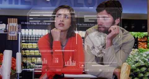 Couple leaning on shopping cart browsing grocery aisles with futuristic ar hud overlay