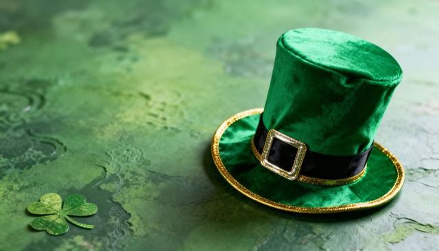 Resting green velvet top hat with gold buckle on emerald background for St Patrick