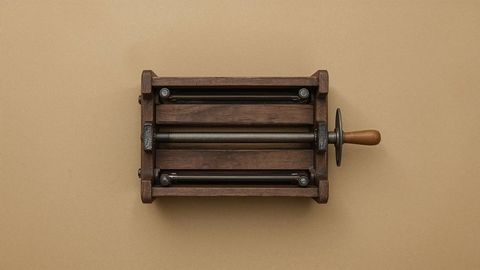 Vintage wooden hand-crank roller press on beige surface