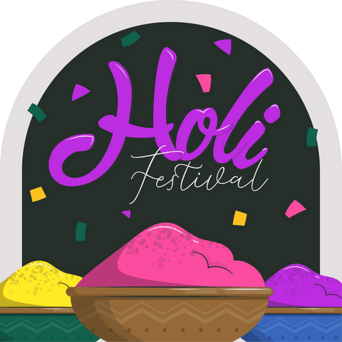 Colorful holi festival with vibrant powders and confetti on transparent frame