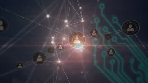 Digital Network Connection with Profile Icons and Light Beams