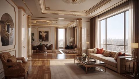 Showcasing luxurious penthouse living room with panoramic city view and gold accents