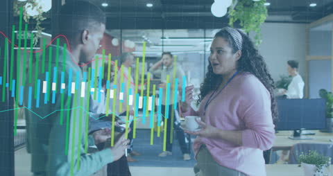 Colleagues Discussing Ideas with Data Overlay in Modern Office