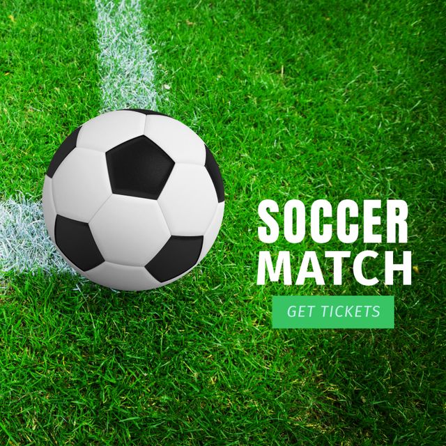 Suitable for promotional materials, event marketing, online ads, and social media posts regarding upcoming soccer matches. The vibrant green pitch and clear call-to-action make it ideal for attracting sports enthusiasts.