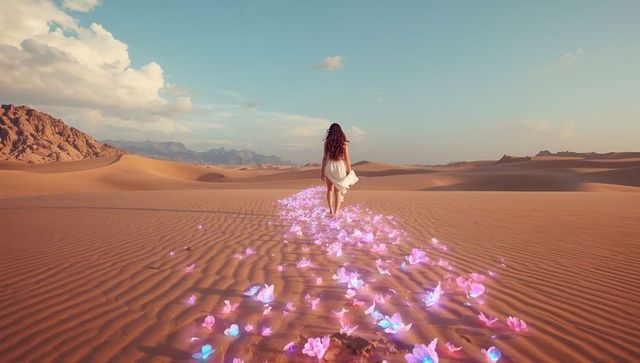 Woman walking glowing flower trail across desert dunes at golden hour luminous blooms
