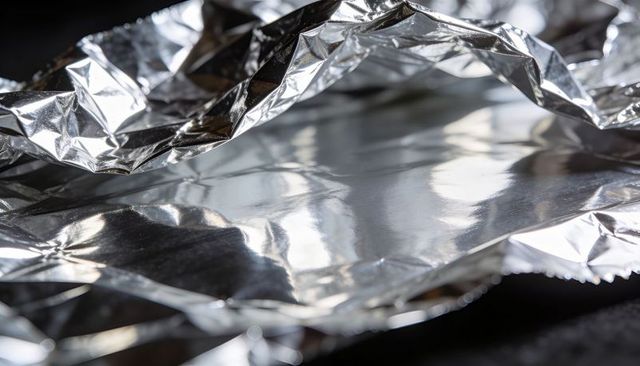 Crumpled aluminum foil reflecting light closeup abstract metallic texture background macro