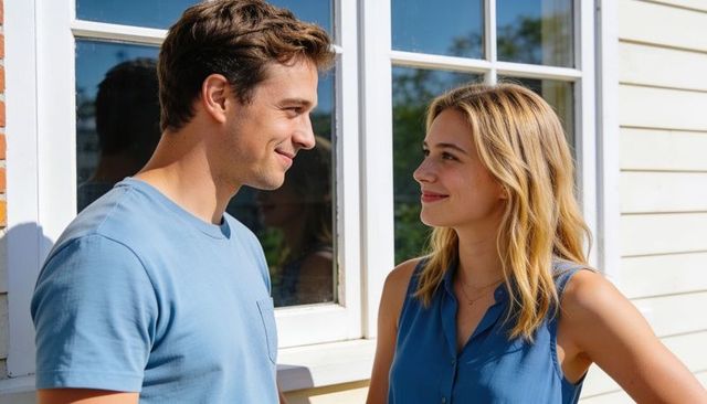 Young couple exchanging warm smiles by sunlit house window