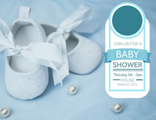 Elegant Blue Baby Shower Invitation with Delicate Baby Shoes and Pearls - Download Free Stock Templates Pikwizard.com