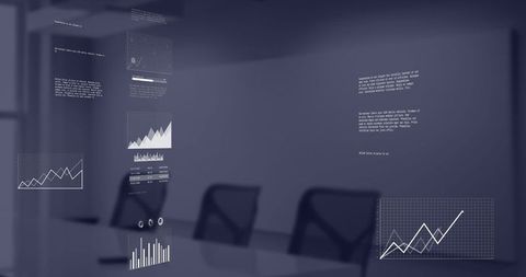 Digital financial data overlaid in modern office space