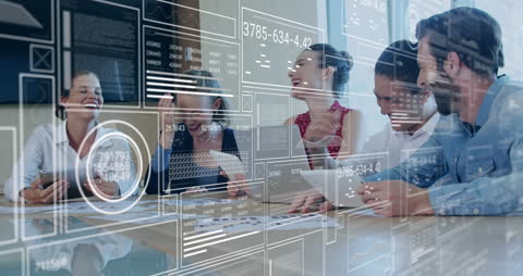 Diverse Team Collaborating with Digital Financial Data Interface