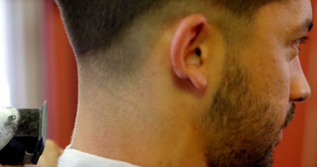 Close-up showing back of man's head during haircut. Trim in progress with electric clippers. Ideal for grooming, style, and barbering services advertising or tutorials.