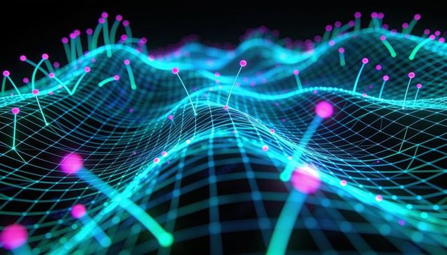 Glowing cyber grid surging with neon data nodes and flowing digital waveforms concept