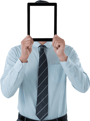 Man using transparent digital tablet covering face