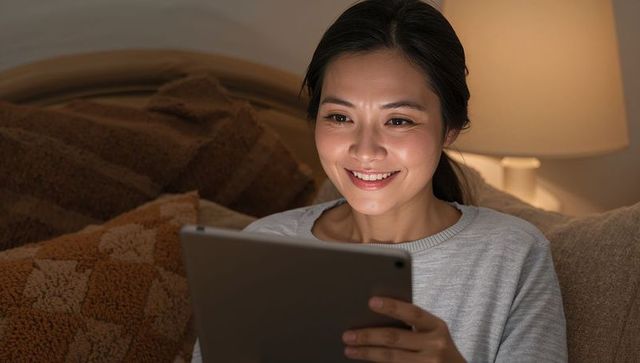 Asian woman smiling while using tablet in cozy bedroom with warm lamp glow