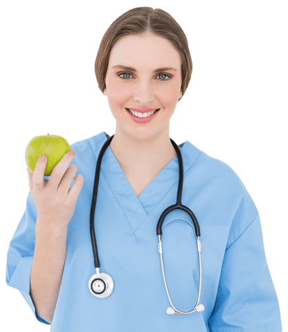 Smiling Female Doctor Holding Green Apple on Transparent Background
