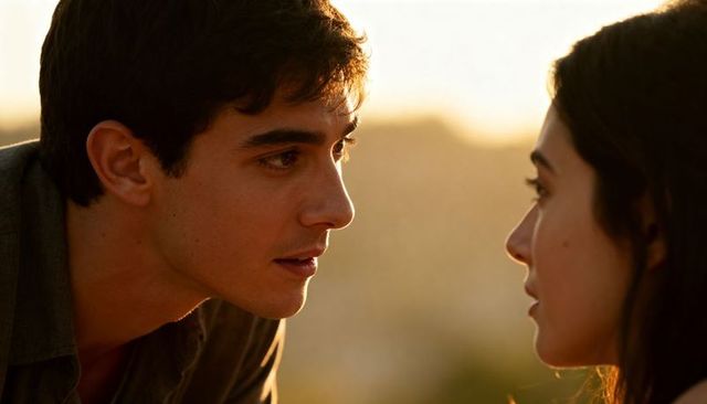 Young couple leaning and exchanging intimate gaze on rooftop at golden hour sunlit glow