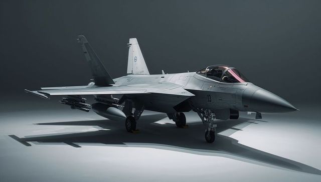 Modern twin-engine fighter jet in aircraft hangar