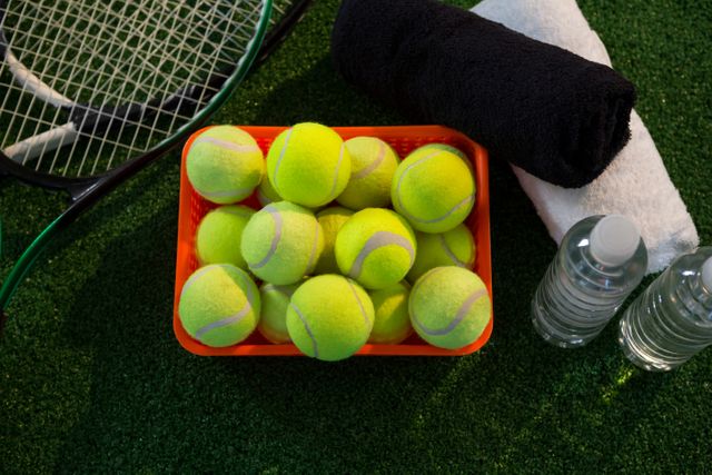 Overhead view of tennis balls in container amidst rackets and napkins by water bottles on field