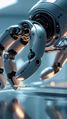 Robotic gripper descending on metal bench, grasping disc and lifting for precision automation